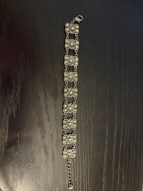 Vintage Green Rhinestone Floral Panel Bracelet Sz 6.25”
